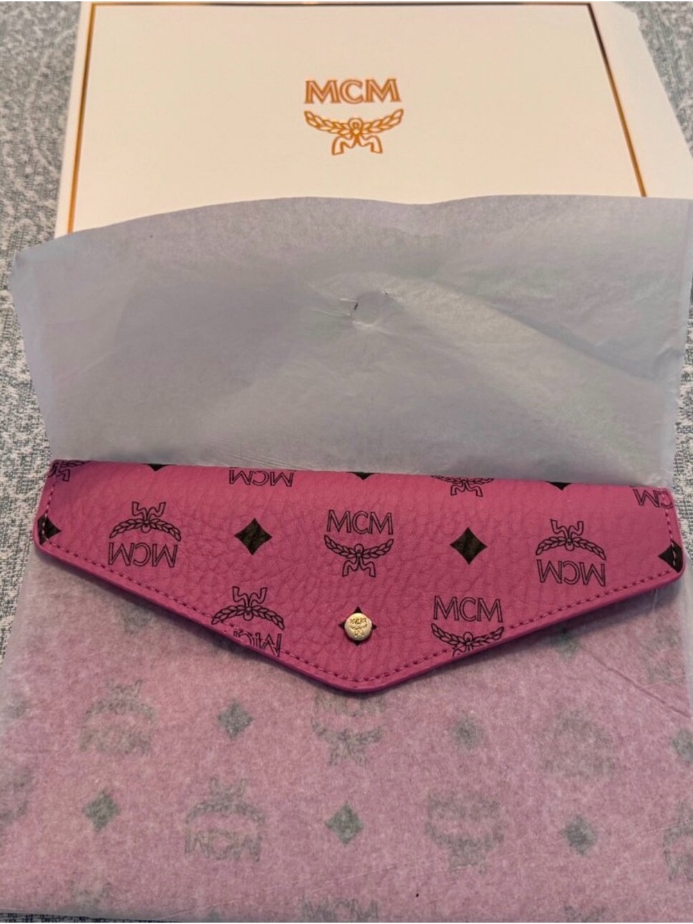 NIB MCM Pink Visetos Monogram Envelope Clutch Pouch VIP Gift